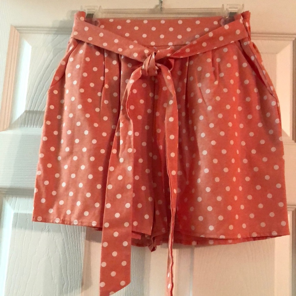 Coral Polka Dot Shorts with Tie Belt NWOT